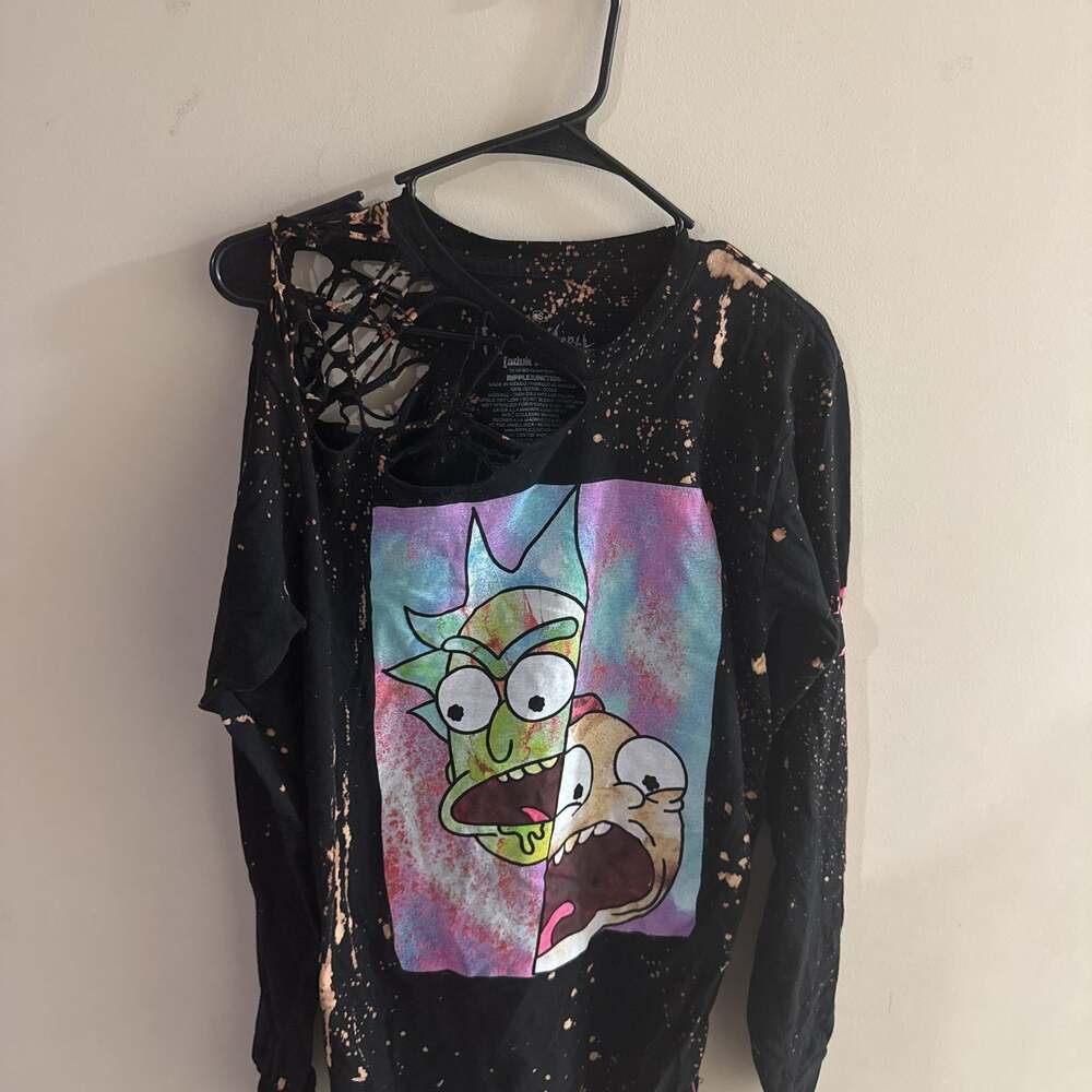 Rick and Morty Bleach Distressed Long Sleeve T-Shirt - Black, Adult Small